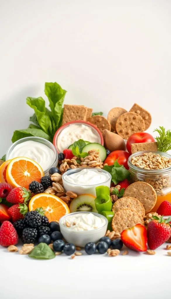 A well-lit, appetizing still-life arrangement of various nutritious snacks set against a clean, minimalist background. In the foreground, an array of fresh fruits like berries, citrus, and leafy greens. Interspersed are crunchy nuts, seeds, and whole-grain crackers. In the middle ground, Greek yogurt, hummus, and sliced vegetables create a balanced, vibrant composition. Soft, warm lighting gently illuminates the scene, highlighting the natural textures and colors of the healthy, nourishing ingredients. The overall mood is one of simplicity, health, and the benefits of incorporating such wholesome snacks into one's daily diet.