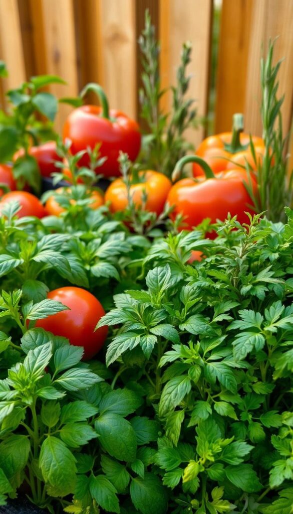 A well-lit, close-up photograph showcasing an array of vibrant, freshly harvested herbs and vegetables, ideal for an herb garden. The foreground features lush, green basil, cilantro, and parsley, their leaves glistening with morning dew. In the middle ground, plump tomatoes, crisp bell peppers, and fragrant rosemary and thyme stand tall, creating a harmonious blend of colors and textures. The background softly fades into a warm, natural setting, with a wooden fence or trellis providing a rustic, yet inviting backdrop. The overall composition evokes a sense of abundance, vitality, and the joys of cultivating a thriving, beginner-friendly herb garden. A well-lit, close-up photograph showcasing an array of vibrant, freshly harvested herbs and vegetables, ideal for an herb garden. The foreground features lush, green basil, cilantro, and parsley, their leaves glistening with morning dew. In the middle ground, plump tomatoes, crisp bell peppers, and fragrant rosemary and thyme stand tall, creating a harmonious blend of colors and textures. The background softly fades into a warm, natural setting, with a wooden fence or trellis providing a rustic, yet inviting backdrop. The overall composition evokes a sense of abundance, vitality, and the joys of cultivating a thriving, beginner-friendly herb garden.