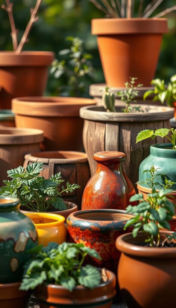 A well-lit, close-up shot of an assortment of various containers suitable for pot gardening, including terracotta pots, wooden planters, and colorful glazed ceramic vessels. The containers are arranged in a visually appealing composition, showcasing their unique shapes, textures, and sizes. The background is blurred, gently suggesting a serene, natural setting, allowing the containers to be the focal point. The lighting is soft and diffused, creating warm, natural shadows that highlight the contours and materials of the containers. The overall mood is one of careful curation, inspiration, and practical guidance for the optimal selection of containers for a thriving patio vegetable garden. A well-lit, close-up shot of an assortment of various containers suitable for pot gardening, including terracotta pots, wooden planters, and colorful glazed ceramic vessels. The containers are arranged in a visually appealing composition, showcasing their unique shapes, textures, and sizes. The background is blurred, gently suggesting a serene, natural setting, allowing the containers to be the focal point. The lighting is soft and diffused, creating warm, natural shadows that highlight the contours and materials of the containers. The overall mood is one of careful curation, inspiration, and practical guidance for the optimal selection of containers for a thriving patio vegetable garden.