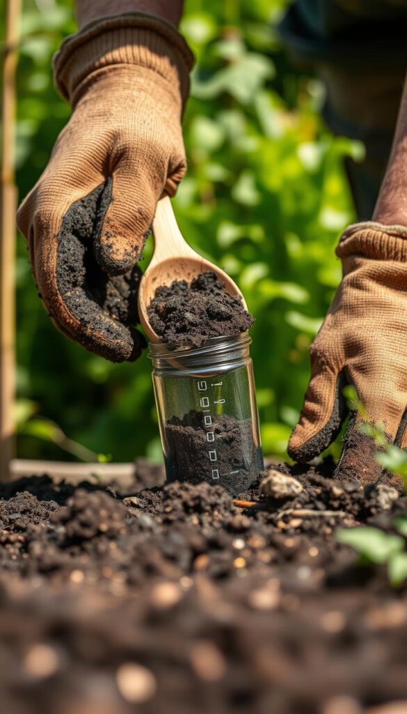 A well-lit, closeup view of a gardener's hands carefully scooping soil from a garden plot into a glass soil testing jar. The soil is dark, rich, and crumbly, indicating healthy organic matter. The gardener wears sturdy gardening gloves, and the scene is set against a blurred background of lush, green foliage, suggesting a thriving backyard garden. The lighting is natural, with soft shadows accentuating the textures of the soil. The overall mood is one of diligence, attention to detail, and a commitment to sustainable, organic gardening practices.