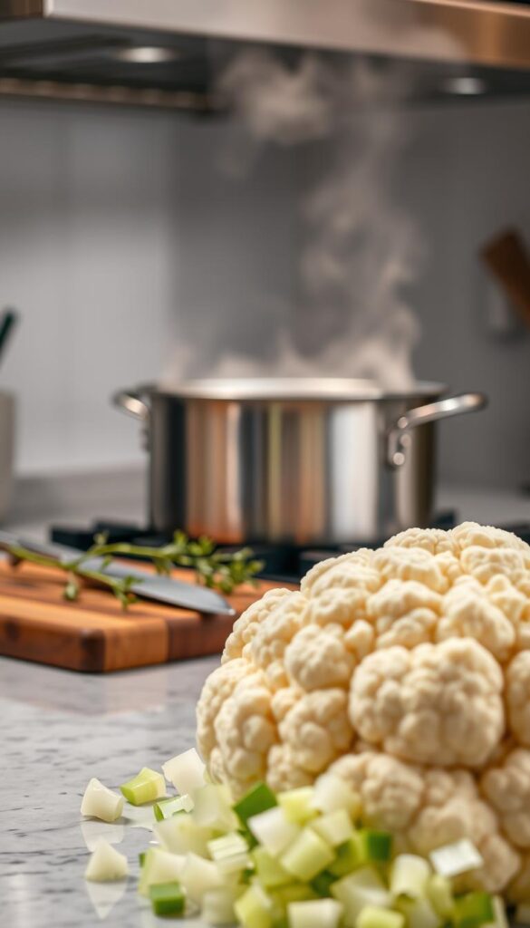 A well-lit, high-resolution photograph of a gourmet kitchen counter, showcasing the methods and techniques for preparing a creamy cauliflower and leek soup. In the foreground, a large white cauliflower and freshly chopped leeks are arranged neatly. In the middle ground, a stainless steel saucepan simmers on the stovetop, steam rising from the surface. In the background, a wooden cutting board displays a sharp chef's knife and a few sprigs of fresh thyme. The lighting is soft and even, casting a warm, inviting glow over the scene. The overall mood is one of culinary expertise and attention to detail, reflecting the artistry and care required to craft a truly exceptional cauliflower and leek soup.