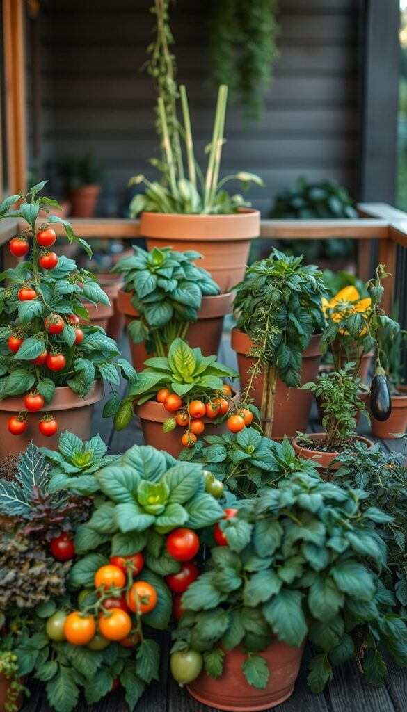 A well-lit, high-resolution photograph of an assortment of vibrant vegetable container plants and fragrant herbs arranged in a visually appealing manner on a wooden patio or balcony. The foreground features a variety of lush, leafy greens such as kale, chard, and romaine lettuce, as well as trailing vines of cherry tomatoes and cascading herbs like basil, oregano, and rosemary. The middle ground showcases larger container plants like zucchini, bell peppers, and eggplants, all thriving in their individual pots. The background depicts a harmonious blend of earthy tones, with the pots complementing the natural wooden surfaces. The lighting is soft and warm, creating a serene, inviting atmosphere that highlights the vibrant colors and textures of the vegetables and herbs. A well-lit, high-resolution photograph of an assortment of vibrant vegetable container plants and fragrant herbs arranged in a visually appealing manner on a wooden patio or balcony. The foreground features a variety of lush, leafy greens such as kale, chard, and romaine lettuce, as well as trailing vines of cherry tomatoes and cascading herbs like basil, oregano, and rosemary. The middle ground showcases larger container plants like zucchini, bell peppers, and eggplants, all thriving in their individual pots. The background depicts a harmonious blend of earthy tones, with the pots complementing the natural wooden surfaces. The lighting is soft and warm, creating a serene, inviting atmosphere that highlights the vibrant colors and textures of the vegetables and herbs.