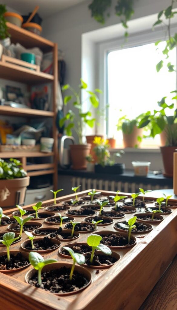 A well-lit indoor gardening scene, showcasing the process of starting seeds indoors. In the foreground, a wooden potting tray filled with small seedling containers, each holding a sprout of fresh green growth. In the middle ground, a cozy windowsill with sunlight streaming in, illuminating the young plants. In the background, shelves of seed packets, gardening tools, and a lush houseplant backdrop. The overall atmosphere is one of tranquility and nurturing, inviting the viewer to discover the joys of cultivating plants from seed indoors. A well-lit indoor gardening scene, showcasing the process of starting seeds indoors. In the foreground, a wooden potting tray filled with small seedling containers, each holding a sprout of fresh green growth. In the middle ground, a cozy windowsill with sunlight streaming in, illuminating the young plants. In the background, shelves of seed packets, gardening tools, and a lush houseplant backdrop. The overall atmosphere is one of tranquility and nurturing, inviting the viewer to discover the joys of cultivating plants from seed indoors.