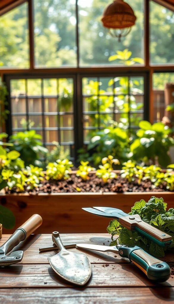 A well-lit indoor scene showcasing an assortment of high-quality, sustainable farming tools. In the foreground, a wooden table displays a variety of hand tools, including a sturdy hoe, a sharp pruning shears, and a trowel with a comfortable ergonomic grip. The middle ground features a raised garden bed filled with rich, dark soil and lush, thriving plants. Behind it, a large window overlooking a verdant outdoor garden, bathed in warm, natural sunlight. The overall atmosphere conveys a sense of productivity, environmental responsibility, and the joy of cultivating one's own food. A well-lit indoor scene showcasing an assortment of high-quality, sustainable farming tools. In the foreground, a wooden table displays a variety of hand tools, including a sturdy hoe, a sharp pruning shears, and a trowel with a comfortable ergonomic grip. The middle ground features a raised garden bed filled with rich, dark soil and lush, thriving plants. Behind it, a large window overlooking a verdant outdoor garden, bathed in warm, natural sunlight. The overall atmosphere conveys a sense of productivity, environmental responsibility, and the joy of cultivating one's own food.