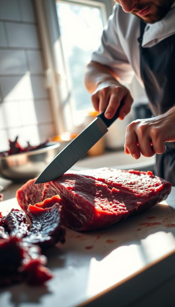 A well-lit kitchen counter, a sharp butcher's knife in hand, as a skilled cook trims a slab of lean beef, meticulously removing any excess fat and connective tissue. The meat is a rich, marbled hue, ready to be sliced into thin, even strips for the perfect jerky. Sunlight streams in through a nearby window, casting a warm glow over the scene. The cook's movements are precise and focused, a testament to their expertise in preparing the finest quality jerky. The atmosphere is one of careful attention to detail, with a sense of anticipation for the flavorful, savory snack to come. A well-lit kitchen counter, a sharp butcher's knife in hand, as a skilled cook trims a slab of lean beef, meticulously removing any excess fat and connective tissue. The meat is a rich, marbled hue, ready to be sliced into thin, even strips for the perfect jerky. Sunlight streams in through a nearby window, casting a warm glow over the scene. The cook's movements are precise and focused, a testament to their expertise in preparing the finest quality jerky. The atmosphere is one of careful attention to detail, with a sense of anticipation for the flavorful, savory snack to come.