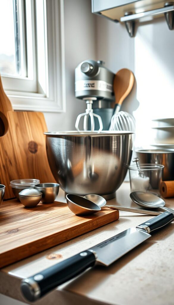 A well-lit kitchen counter arranged with an assortment of essential cooking tools and equipment. In the foreground, a high-quality chef's knife, a wooden cutting board, and a set of measuring spoons. In the middle ground, a sleek stainless steel mixing bowl, a handheld electric mixer, and a sturdy spatula. In the background, a classic rolling pin, a set of nested bowls, and a chrome-plated whisk. The scene is illuminated by natural light streaming in through a nearby window, creating a warm, inviting atmosphere. The tools are positioned neatly, conveying a sense of organization and culinary preparedness. A well-lit kitchen counter arranged with an assortment of essential cooking tools and equipment. In the foreground, a high-quality chef's knife, a wooden cutting board, and a set of measuring spoons. In the middle ground, a sleek stainless steel mixing bowl, a handheld electric mixer, and a sturdy spatula. In the background, a classic rolling pin, a set of nested bowls, and a chrome-plated whisk. The scene is illuminated by natural light streaming in through a nearby window, creating a warm, inviting atmosphere. The tools are positioned neatly, conveying a sense of organization and culinary preparedness.