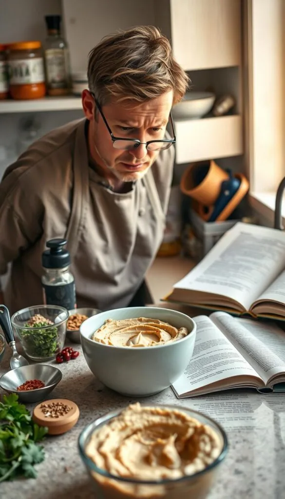 A well-lit kitchen counter, covered in various hummus-making tools and ingredients. In the foreground, a frustrated chef examines a bowl of questionable hummus texture, brow furrowed in concentration. The middle ground showcases an array of spices, herbs, and condiments, hinting at potential remedies. The background features an open cookbook, its pages revealing helpful tips and troubleshooting advice for perfecting the creamy dip. Soft, warm lighting illuminates the scene, creating an atmosphere of problem-solving and culinary exploration.