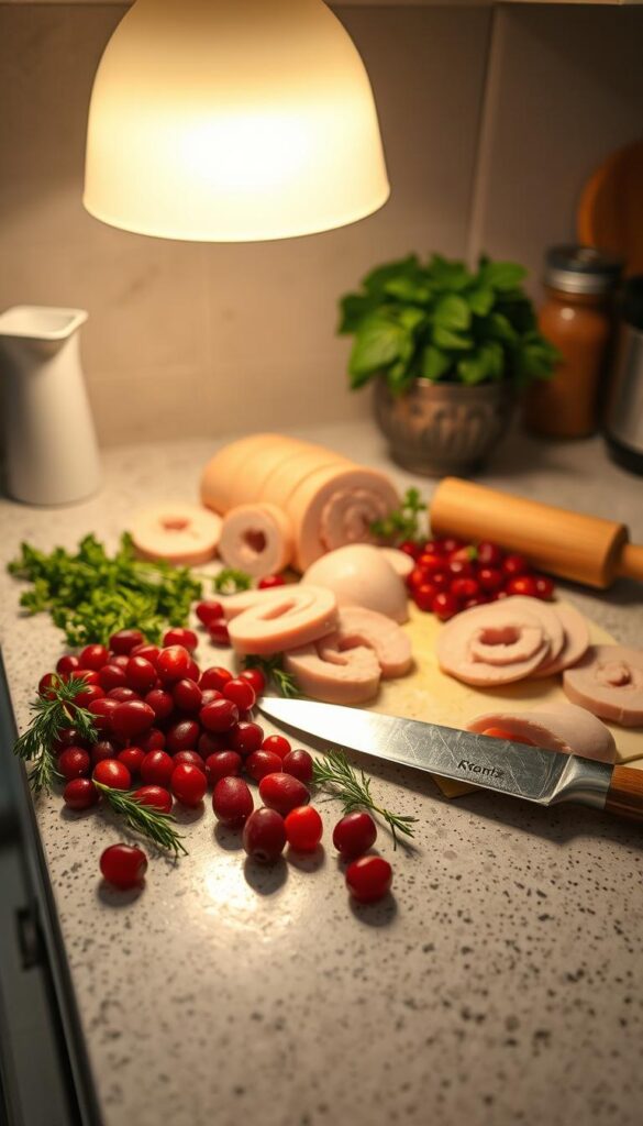 A well-lit kitchen counter, its surface strewn with an array of fresh ingredients - vibrant red cranberries, juicy turkey slices, aromatic herbs, and a rolling pin poised for action. A chef's knife gleams under the soft illumination, ready to slice and dice. The scene exudes a sense of culinary anticipation, the promise of a delectable homemade meal soon to come. Overhead, a warm, diffused light casts a gentle glow, highlighting the textures and colors of the mise en place. The atmosphere is one of focused preparation, a harmonious dance of tools and ingredients, setting the stage for the creation of the Turkey & Cranberry Pinwheels. A well-lit kitchen counter, its surface strewn with an array of fresh ingredients - vibrant red cranberries, juicy turkey slices, aromatic herbs, and a rolling pin poised for action. A chef's knife gleams under the soft illumination, ready to slice and dice. The scene exudes a sense of culinary anticipation, the promise of a delectable homemade meal soon to come. Overhead, a warm, diffused light casts a gentle glow, highlighting the textures and colors of the mise en place. The atmosphere is one of focused preparation, a harmonious dance of tools and ingredients, setting the stage for the creation of the Turkey & Cranberry Pinwheels.
