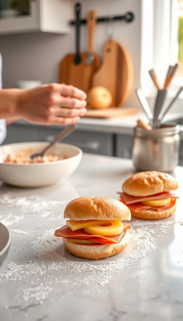 A well-lit kitchen counter, the surface glistening with a light dusting of flour. In the foreground, a baker's hands expertly assembling a trio of perfect pineapple and ham sliders, carefully layering the tender meat, tangy pineapple slices, and melted cheese between soft, pillowy buns. The middle ground showcases the preparation process, with ingredients neatly arranged and utensils at the ready. The background features a clean, minimalist design, allowing the focus to remain on the delicate construction of the sliders. The scene is bathed in a warm, natural light, conveying a sense of homemade comfort and culinary craftsmanship. A well-lit kitchen counter, the surface glistening with a light dusting of flour. In the foreground, a baker's hands expertly assembling a trio of perfect pineapple and ham sliders, carefully layering the tender meat, tangy pineapple slices, and melted cheese between soft, pillowy buns. The middle ground showcases the preparation process, with ingredients neatly arranged and utensils at the ready. The background features a clean, minimalist design, allowing the focus to remain on the delicate construction of the sliders. The scene is bathed in a warm, natural light, conveying a sense of homemade comfort and culinary craftsmanship.