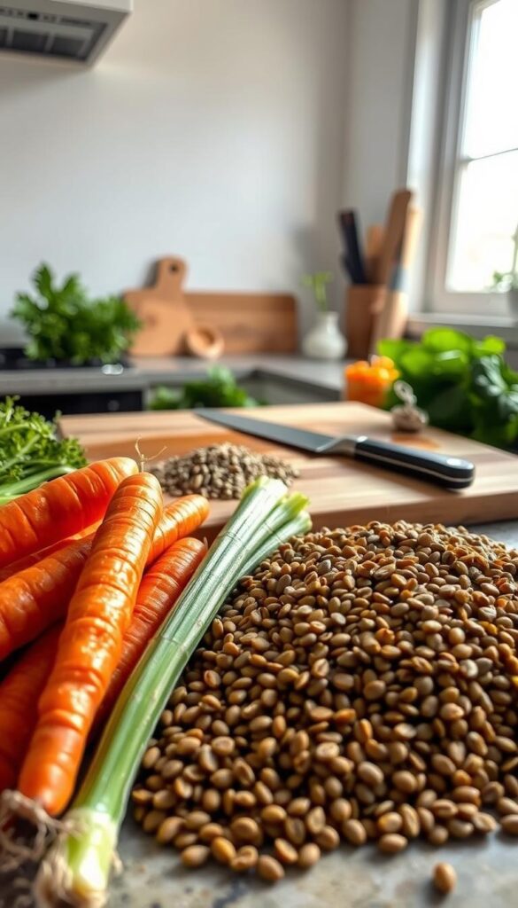 A well-lit kitchen counter with an assortment of freshly washed vegetables arranged in the foreground, including plump carrots, crisp celery stalks, and earthy lentils. In the middle ground, a large wooden cutting board and sharp chef's knife, ready for precise dicing and slicing. The background features a clean, minimalist backsplash, hinting at the clean, wholesome nature of the dish to come. Soft, natural lighting from a nearby window casts a warm glow over the scene, emphasizing the vibrant colors and textures of the produce. An atmosphere of culinary focus and preparation, setting the stage for a hearty, homemade lentil soup.