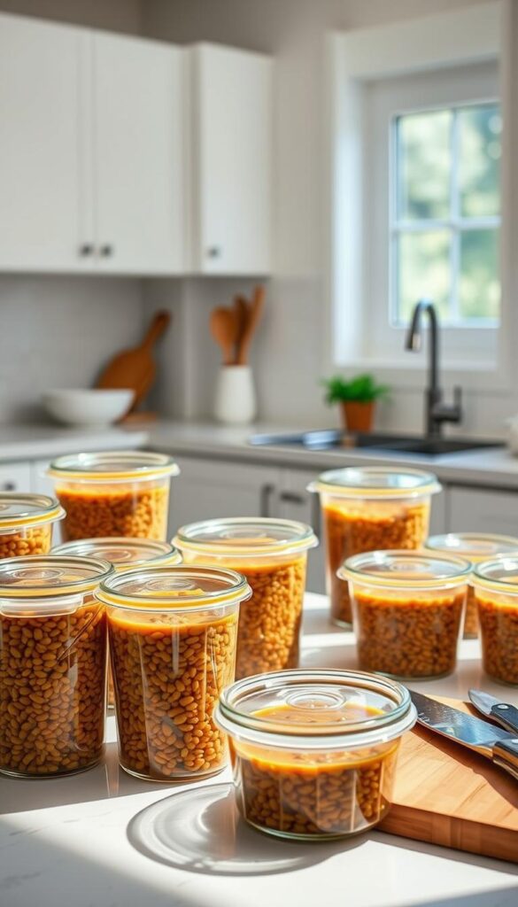 A well-lit kitchen counter with an assortment of glass storage containers filled with lentil soup. The containers have airtight lids, arranged neatly in the foreground. In the middle ground, a cutting board with a knife and some fresh herbs, suggesting the process of preparing the soup for storage. The background features a clean, minimalist kitchen with a window providing natural lighting, creating a calm and organized atmosphere. The image conveys a sense of efficiency and attention to food preservation, complementing the "Storage and Reheating Guidelines" section of the article.