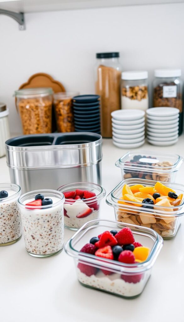 A well-lit kitchen counter with various meal prep containers and storage solutions. In the foreground, several clear glass or plastic containers filled with overnight oats, yogurt, and fresh fruit. In the middle ground, a stainless steel bento box with separate compartments for different breakfast items, and a stack of reusable silicone muffin cups. In the background, a shelf with labeled jars containing dry ingredients like granola, nuts, and dried berries. The lighting is soft and natural, creating a calming, organized atmosphere. The angle is slightly elevated, providing a comprehensive view of the meal prep setup. A well-lit kitchen counter with various meal prep containers and storage solutions. In the foreground, several clear glass or plastic containers filled with overnight oats, yogurt, and fresh fruit. In the middle ground, a stainless steel bento box with separate compartments for different breakfast items, and a stack of reusable silicone muffin cups. In the background, a shelf with labeled jars containing dry ingredients like granola, nuts, and dried berries. The lighting is soft and natural, creating a calming, organized atmosphere. The angle is slightly elevated, providing a comprehensive view of the meal prep setup.