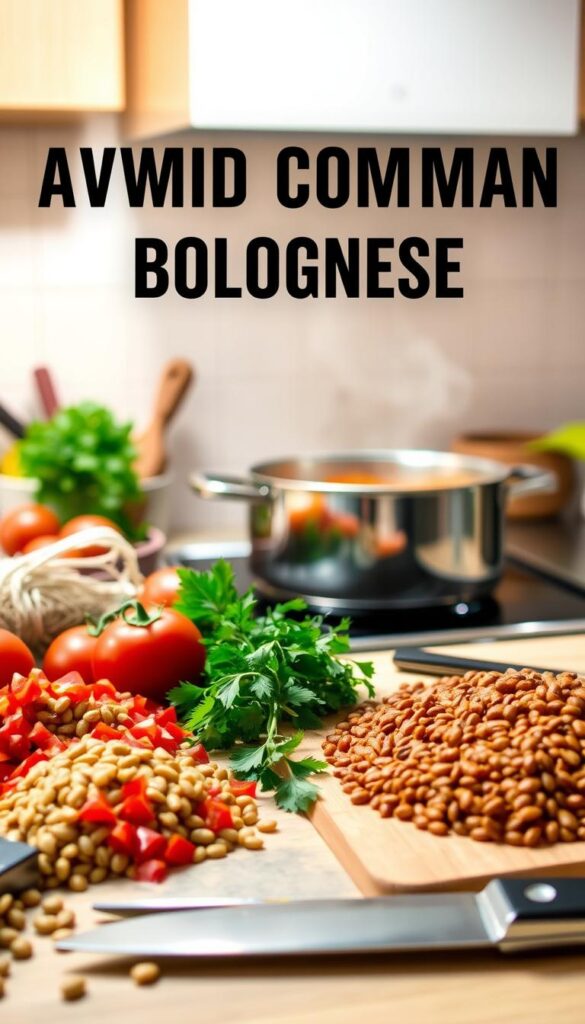 A well-lit kitchen countertop, with a selection of fresh lentils, diced tomatoes, herbs, and spices arranged artfully. In the foreground, a chef's knife and cutting board, hinting at the preparation process. In the middle ground, a simmering pot of lentil bolognese sauce, the steam gently rising, capturing the aroma. The background features a clean, minimalist tiled wall, providing a neutral canvas to highlight the culinary focus. The lighting is warm and inviting, emphasizing the homemade, rustic nature of the dish. The overall mood is one of culinary expertise and attention to detail, showcasing the key elements to avoid common mistakes when making a delicious lentil bolognese.