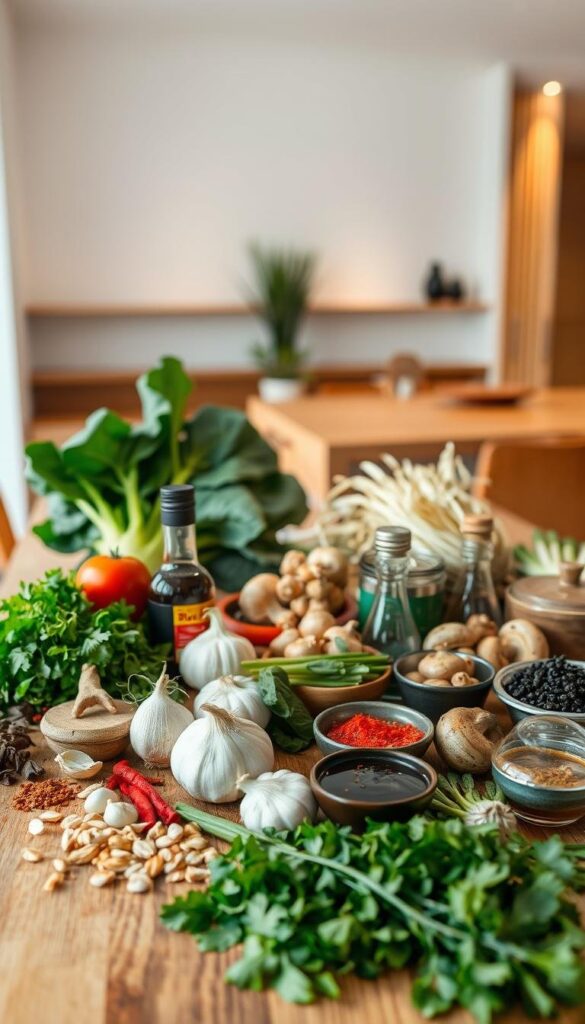 A well-lit kitchen scene with an assortment of authentic Asian ingredients arranged on a wooden table. In the foreground, a variety of colorful herbs, spices, and seasonings such as ginger, garlic, scallions, soy sauce, and sesame oil. In the middle ground, various fresh produce like bok choy, shiitake mushrooms, and bean sprouts. In the background, a minimalist interior with clean lines, natural wood accents, and soft, diffused lighting, creating a serene and inviting atmosphere. The overall composition highlights the diversity and vibrancy of Asian culinary traditions, inspiring the viewer to explore new flavors and techniques. A well-lit kitchen scene with an assortment of authentic Asian ingredients arranged on a wooden table. In the foreground, a variety of colorful herbs, spices, and seasonings such as ginger, garlic, scallions, soy sauce, and sesame oil. In the middle ground, various fresh produce like bok choy, shiitake mushrooms, and bean sprouts. In the background, a minimalist interior with clean lines, natural wood accents, and soft, diffused lighting, creating a serene and inviting atmosphere. The overall composition highlights the diversity and vibrancy of Asian culinary traditions, inspiring the viewer to explore new flavors and techniques.