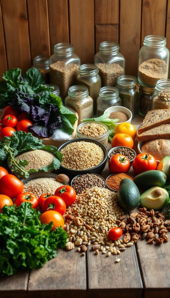 A well-lit still life arrangement showcasing a variety of whole food essentials on a rustic wooden table. In the foreground, a mix of vibrant produce such as fresh kale, tomatoes, avocados, and citrus fruits. In the middle ground, whole grains like quinoa, brown rice, and whole wheat bread, along with nuts, seeds, and legumes. The background features glass jars filled with spices, herbs, and other pantry staples. The scene is bathed in warm, natural light, creating a cozy, inviting atmosphere that highlights the purity and simplicity of these wholesome ingredients.