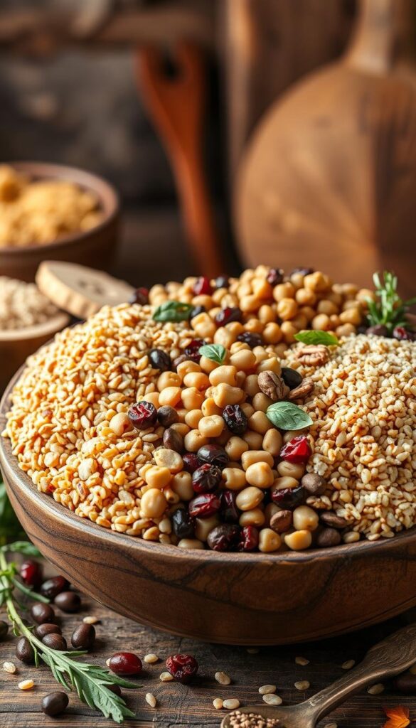 A well-lit still life composition featuring a variety of seasonal grains and legumes arranged in a rustic, wooden bowl. The foreground showcases hearty whole grains like freekeh, farro, and bulgur, as well as protein-rich legumes such as lentils, chickpeas, and quinoa. The middle ground includes complementary textures like dried cranberries, toasted nuts, and fresh herbs. The background features earthy tones and warm, directional lighting, evoking the cozy ambience of an autumnal kitchen. The overall scene conveys the nourishing, wholesome qualities of these versatile ingredients for seasonal salad recipes. A well-lit still life composition featuring a variety of seasonal grains and legumes arranged in a rustic, wooden bowl. The foreground showcases hearty whole grains like freekeh, farro, and bulgur, as well as protein-rich legumes such as lentils, chickpeas, and quinoa. The middle ground includes complementary textures like dried cranberries, toasted nuts, and fresh herbs. The background features earthy tones and warm, directional lighting, evoking the cozy ambience of an autumnal kitchen. The overall scene conveys the nourishing, wholesome qualities of these versatile ingredients for seasonal salad recipes.