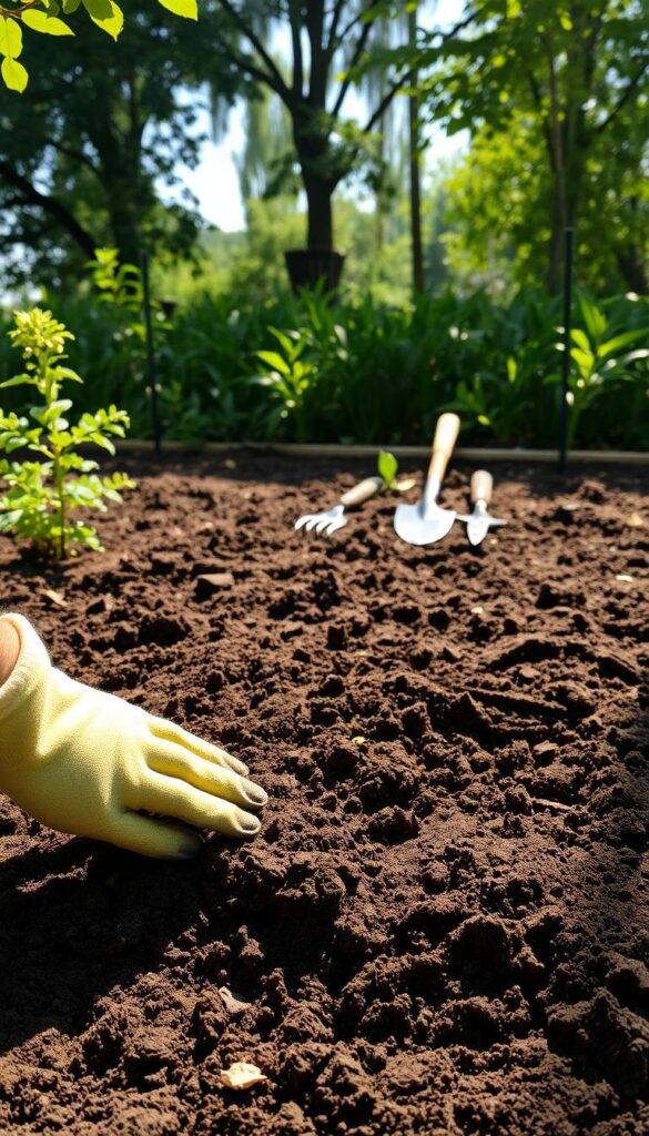 A well-tilled garden bed, rich dark soil freshly turned over, exposing the fertile earth beneath. Sunlight filters through lush foliage, casting a warm glow over the scene. In the foreground, a gardener's gloved hands gently smooth the soil, ensuring an even, aerated surface. The middle ground features various gardening tools - a spade, a rake, and a small trowel - neatly arranged, ready for the next stage of preparation. In the background, verdant plants and towering trees frame the tranquil, bucolic setting, hinting at the vibrant life that will soon flourish in this carefully curated space.