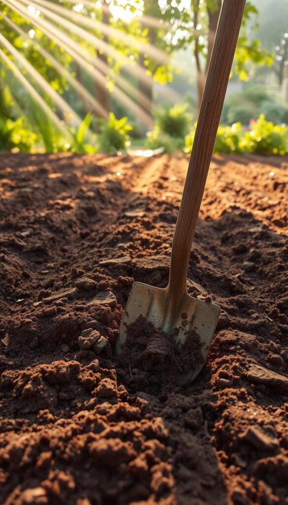 A well-tilled vegetable garden, the soil turned and aerated, rich with organic matter. In the foreground, a shovel digs into the soft, loamy earth, exposing its dark, fertile depths. Shafts of warm, golden sunlight filter through the trees, casting a gentle glow over the scene. The middle ground reveals neatly spaced furrows, ready to receive the seeds of a bountiful harvest. In the background, lush greenery and the promise of a thriving garden, a sanctuary of growth and nourishment. A well-tilled vegetable garden, the soil turned and aerated, rich with organic matter. In the foreground, a shovel digs into the soft, loamy earth, exposing its dark, fertile depths. Shafts of warm, golden sunlight filter through the trees, casting a gentle glow over the scene. The middle ground reveals neatly spaced furrows, ready to receive the seeds of a bountiful harvest. In the background, lush greenery and the promise of a thriving garden, a sanctuary of growth and nourishment.