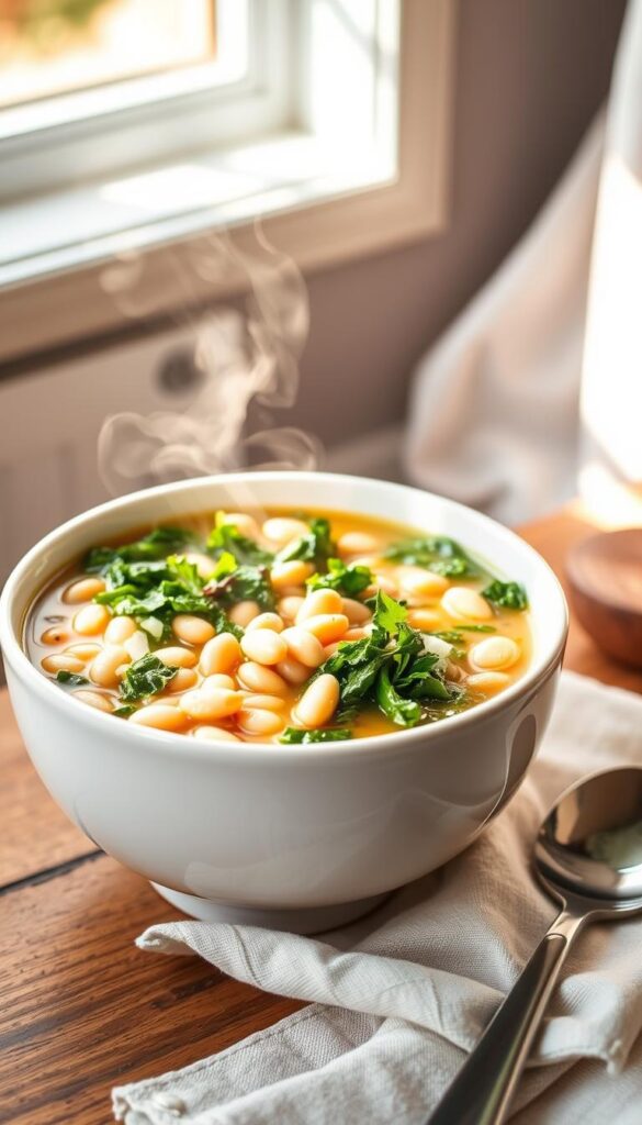 A white ceramic bowl filled with a hearty, steaming white bean and kale soup, set against a neutral backdrop. The soup features tender white beans, vibrant green kale, and a creamy broth seasoned with garlic, onions, and herbs. Sunlight filters in from a window, casting a warm, golden glow on the scene. The bowl is placed on a wooden table, with a linen napkin and a simple spoon nearby, creating a cozy, homemade atmosphere. The lighting is soft and diffused, highlighting the textures and colors of the ingredients. The overall composition is clean and minimalist, allowing the soup to take center stage and showcase the process of making this nourishing and comforting dish. A white ceramic bowl filled with a hearty, steaming white bean and kale soup, set against a neutral backdrop. The soup features tender white beans, vibrant green kale, and a creamy broth seasoned with garlic, onions, and herbs. Sunlight filters in from a window, casting a warm, golden glow on the scene. The bowl is placed on a wooden table, with a linen napkin and a simple spoon nearby, creating a cozy, homemade atmosphere. The lighting is soft and diffused, highlighting the textures and colors of the ingredients. The overall composition is clean and minimalist, allowing the soup to take center stage and showcase the process of making this nourishing and comforting dish.