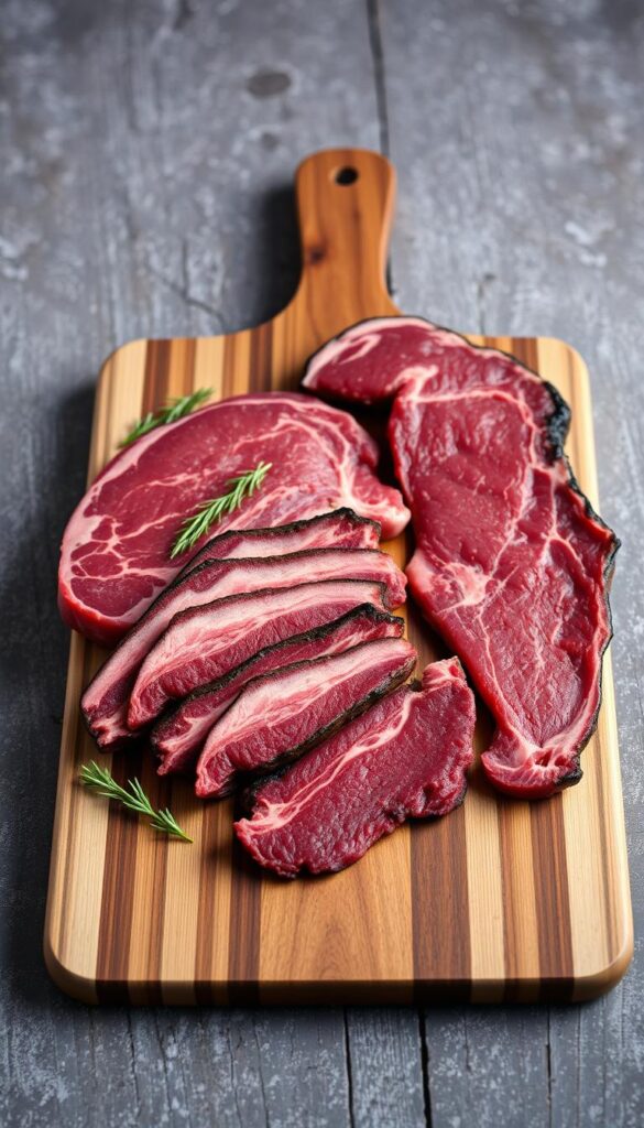 A wooden cutting board with various cuts of premium beef, including flank steak, skirt steak, and brisket, arranged neatly against a rustic, textured background. The meats are highlighted by soft, natural lighting, emphasizing their rich, marbled texture. The composition suggests the thoughtful selection of the finest cuts for crafting savory, delectable beef jerky. A sense of artisanal craftsmanship and culinary expertise permeates the scene. A wooden cutting board with various cuts of premium beef, including flank steak, skirt steak, and brisket, arranged neatly against a rustic, textured background. The meats are highlighted by soft, natural lighting, emphasizing their rich, marbled texture. The composition suggests the thoughtful selection of the finest cuts for crafting savory, delectable beef jerky. A sense of artisanal craftsmanship and culinary expertise permeates the scene.