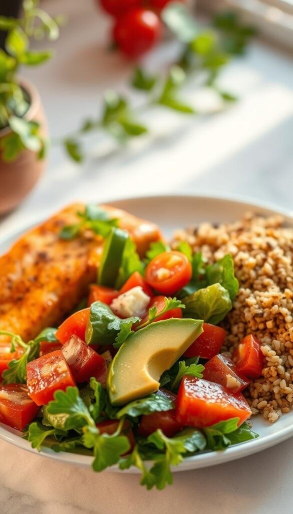 An appetizing Mediterranean-style meal, featuring fresh vegetables, lean proteins, whole grains, and healthy fats. A vibrant salad of crisp greens, juicy tomatoes, and creamy avocado occupies the foreground, complemented by a side of roasted salmon and a hearty portion of quinoa. Warm lighting casts a gentle glow, highlighting the natural colors and textures of the ingredients. The scene evokes a sense of balance, simplicity, and the nourishing qualities of the Mediterranean diet, which promotes sustainable weight management through its emphasis on wholesome, plant-based foods. An appetizing Mediterranean-style meal, featuring fresh vegetables, lean proteins, whole grains, and healthy fats. A vibrant salad of crisp greens, juicy tomatoes, and creamy avocado occupies the foreground, complemented by a side of roasted salmon and a hearty portion of quinoa. Warm lighting casts a gentle glow, highlighting the natural colors and textures of the ingredients. The scene evokes a sense of balance, simplicity, and the nourishing qualities of the Mediterranean diet, which promotes sustainable weight management through its emphasis on wholesome, plant-based foods.
