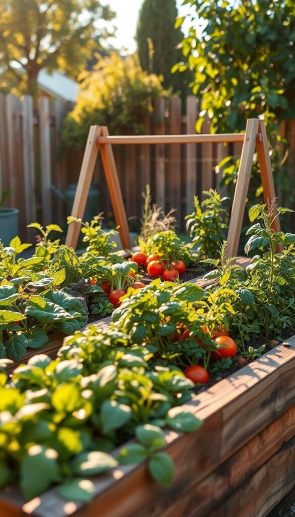 An artfully arranged raised garden bed, featuring a lush variety of thriving vegetables and herbs. The foreground showcases neatly planted rows of leafy greens, vibrant tomatoes, and fragrant herbs, while the middle ground depicts a sturdy wooden frame supporting the elevated planting area. The background offers a glimpse of a cozy backyard setting, with a wooden fence and verdant foliage providing a natural backdrop. The scene is illuminated by warm, golden sunlight, casting a serene and inviting atmosphere. The overall composition highlights the beauty and practicality of this popular veggie garden layout, perfect for maximizing limited space and cultivating a productive and visually appealing backyard oasis. An artfully arranged raised garden bed, featuring a lush variety of thriving vegetables and herbs. The foreground showcases neatly planted rows of leafy greens, vibrant tomatoes, and fragrant herbs, while the middle ground depicts a sturdy wooden frame supporting the elevated planting area. The background offers a glimpse of a cozy backyard setting, with a wooden fence and verdant foliage providing a natural backdrop. The scene is illuminated by warm, golden sunlight, casting a serene and inviting atmosphere. The overall composition highlights the beauty and practicality of this popular veggie garden layout, perfect for maximizing limited space and cultivating a productive and visually appealing backyard oasis.