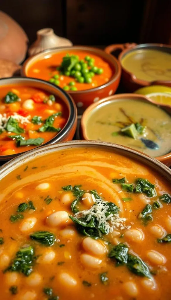 An assortment of vibrant, simmering vegetable soups in a rustic, cozy setting. In the foreground, a chunky white bean and kale soup with swirls of olive oil and sprinkles of parmesan. Surrounding it, a medley of other flavorful variations - a hearty tomato-based minestrone, a vibrant green pea and basil purée, and a rich mushroom bisque with a drizzle of truffle oil. Warm lighting illuminates the scene, casting a comforting glow and highlighting the textures of the vegetables. The image evokes the inviting aromas and satisfying warmth of a homemade vegetable soup feast, inspiring cozy, nourishing variations.