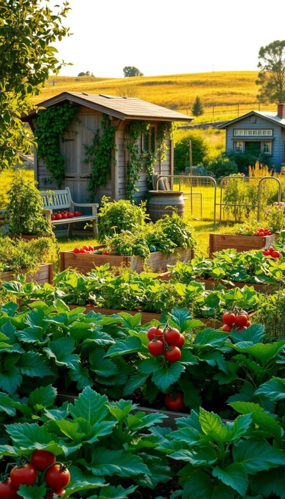 An organic garden at home, a lush oasis filled with vibrant vegetables and fragrant herbs. In the foreground, neatly arranged raised garden beds brimming with leafy greens, crimson tomatoes, and plump zucchini. Mid-ground, a weathered garden shed, its wooden walls adorned with climbing vines and a rustic bench inviting rest. In the background, a sun-dappled meadow, dotted with wildflowers and a picturesque shed with a gently sloping roof. Warm, golden light filters through the scene, casting a serene, natural atmosphere. A sense of harmony and abundance pervades the entire composition, capturing the essence of a thriving, sustainable home garden.