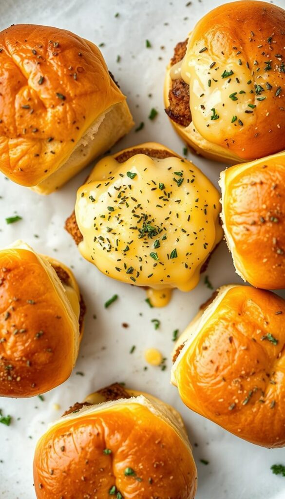 Arrange five delectable baked Parmesan herb sliders in a visually appealing layout, with each slider presenting a distinct variation. Capture the sliders in natural lighting, with a soft, appetizing focus. Emphasize the golden-brown buns, gooey melted cheese, and aromatic herbs. Convey a mouthwatering, rustic ambiance that showcases the artisanal craftsmanship of these savory miniature burgers. Capture the dish from a high-angle perspective, allowing the viewer to envision themselves reaching in to take a bite. Maintain a clean, uncluttered background that subtly frames the star of the scene - the tempting slider variations. Arrange five delectable baked Parmesan herb sliders in a visually appealing layout, with each slider presenting a distinct variation. Capture the sliders in natural lighting, with a soft, appetizing focus. Emphasize the golden-brown buns, gooey melted cheese, and aromatic herbs. Convey a mouthwatering, rustic ambiance that showcases the artisanal craftsmanship of these savory miniature burgers. Capture the dish from a high-angle perspective, allowing the viewer to envision themselves reaching in to take a bite. Maintain a clean, uncluttered background that subtly frames the star of the scene - the tempting slider variations.