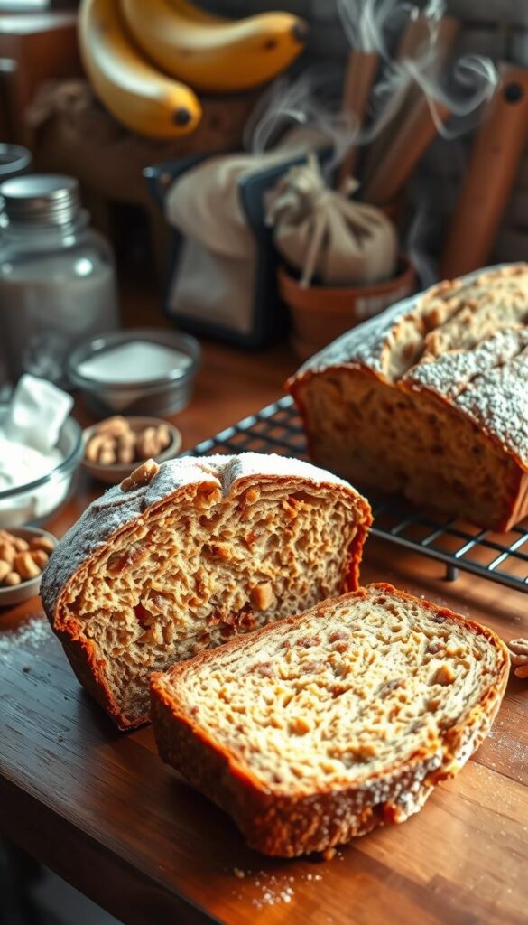 Banana bread ingredients neatly arranged on a wooden kitchen counter, bathed in warm, natural lighting. Freshly baked loaf cooling, steam gently rising. Sliced open, revealing a moist, golden crumb. Walnuts, cinnamon, and a dusting of powdered sugar adding texture and aroma. The scene exudes a cozy, homemade atmosphere, inviting the viewer to imagine the delicious, wholesome flavors. Captured at a slight angle, the image showcases the baked goods in an appetizing, professional-grade presentation. Banana bread ingredients neatly arranged on a wooden kitchen counter, bathed in warm, natural lighting. Freshly baked loaf cooling, steam gently rising. Sliced open, revealing a moist, golden crumb. Walnuts, cinnamon, and a dusting of powdered sugar adding texture and aroma. The scene exudes a cozy, homemade atmosphere, inviting the viewer to imagine the delicious, wholesome flavors. Captured at a slight angle, the image showcases the baked goods in an appetizing, professional-grade presentation.