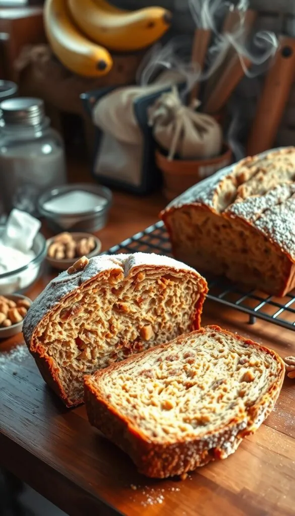 Banana bread ingredients neatly arranged on a wooden kitchen counter, bathed in warm, natural lighting. Freshly baked loaf cooling, steam gently rising. Sliced open, revealing a moist, golden crumb. Walnuts, cinnamon, and a dusting of powdered sugar adding texture and aroma. The scene exudes a cozy, homemade atmosphere, inviting the viewer to imagine the delicious, wholesome flavors. Captured at a slight angle, the image showcases the baked goods in an appetizing, professional-grade presentation. Banana bread ingredients neatly arranged on a wooden kitchen counter, bathed in warm, natural lighting. Freshly baked loaf cooling, steam gently rising. Sliced open, revealing a moist, golden crumb. Walnuts, cinnamon, and a dusting of powdered sugar adding texture and aroma. The scene exudes a cozy, homemade atmosphere, inviting the viewer to imagine the delicious, wholesome flavors. Captured at a slight angle, the image showcases the baked goods in an appetizing, professional-grade presentation.