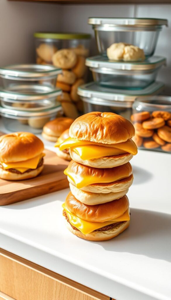 Breakfast sliders stacked neatly on a white countertop, with a wooden cutting board and various storage containers in the background. The sliders are arranged in a visually appealing manner, showcasing their melted cheese and golden buns. Soft, natural lighting illuminates the scene, creating a cozy and inviting atmosphere. Transparent glass containers of various sizes are displayed, suggesting options for storing the leftover sliders. The overall composition emphasizes the importance of proper storage and presentation for these delectable breakfast treats. Breakfast sliders stacked neatly on a white countertop, with a wooden cutting board and various storage containers in the background. The sliders are arranged in a visually appealing manner, showcasing their melted cheese and golden buns. Soft, natural lighting illuminates the scene, creating a cozy and inviting atmosphere. Transparent glass containers of various sizes are displayed, suggesting options for storing the leftover sliders. The overall composition emphasizes the importance of proper storage and presentation for these delectable breakfast treats.