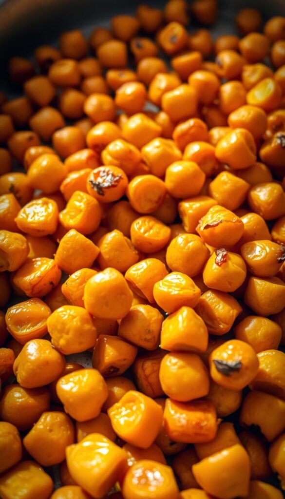 Crisp golden-brown roasted chickpeas, fresh out of the oven, glistening with a light coating of olive oil. A close-up view, showcasing their crunchy texture and nutty aroma. Lit from above with soft, diffused lighting, casting gentle shadows and highlights that accentuate the detailed surface. The chickpeas are arranged in the foreground, filling the frame, with a simple, minimalist background that keeps the focus on the star of the scene. The overall mood is one of simple, appetizing deliciousness, inviting the viewer to imagine the satisfying crunch and flavor of these homemade roasted chickpeas. Crisp golden-brown roasted chickpeas, fresh out of the oven, glistening with a light coating of olive oil. A close-up view, showcasing their crunchy texture and nutty aroma. Lit from above with soft, diffused lighting, casting gentle shadows and highlights that accentuate the detailed surface. The chickpeas are arranged in the foreground, filling the frame, with a simple, minimalist background that keeps the focus on the star of the scene. The overall mood is one of simple, appetizing deliciousness, inviting the viewer to imagine the satisfying crunch and flavor of these homemade roasted chickpeas.