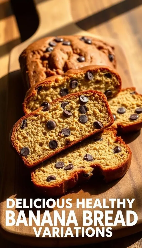 Delectable, freshly baked banana bread variations, each slice showcasing a harmonious blend of golden-brown crumb, gooey chocolate chips, and a subtle sweetness. The bread is arranged artfully on a rustic wooden board, casting soft shadows that accentuate its tempting texture. Warm, natural lighting filters through the scene, creating a cozy, inviting atmosphere. The composition is balanced, with the banana bread taking center stage, surrounded by a minimalist background that allows the focus to remain on the delicious variations. The image captures the essence of a healthier, homemade approach to this classic comfort food, perfectly suited to illustrate the "Delicious Healthy Banana Bread Variations" section of the "Air Fryer Healthy Banana Bread" article. Delectable, freshly baked banana bread variations, each slice showcasing a harmonious blend of golden-brown crumb, gooey chocolate chips, and a subtle sweetness. The bread is arranged artfully on a rustic wooden board, casting soft shadows that accentuate its tempting texture. Warm, natural lighting filters through the scene, creating a cozy, inviting atmosphere. The composition is balanced, with the banana bread taking center stage, surrounded by a minimalist background that allows the focus to remain on the delicious variations. The image captures the essence of a healthier, homemade approach to this classic comfort food, perfectly suited to illustrate the "Delicious Healthy Banana Bread Variations" section of the "Air Fryer Healthy Banana Bread" article.