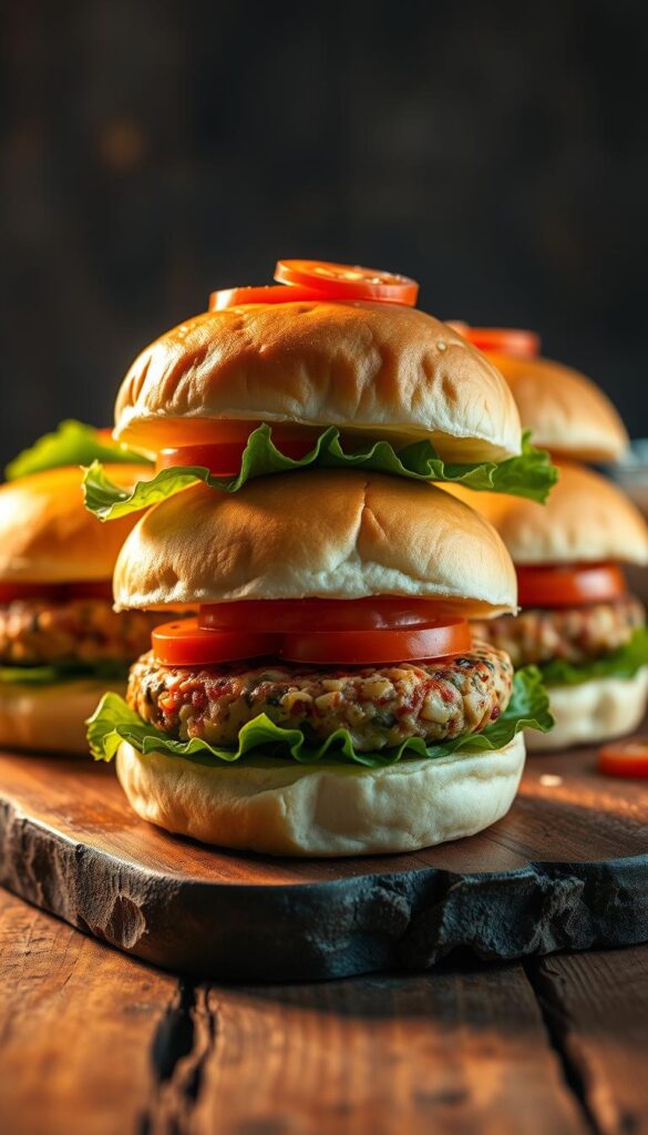 Delectable vegetarian ham replacement sliders, arranged on a rustic wooden surface. The patties, made from a blend of savory plant-based ingredients, are stacked atop soft, pillowy buns. Vibrant garnishes, such as crisp lettuce leaves and juicy tomato slices, add pops of color and texture. Warm, golden lighting casts a cozy glow, highlighting the tempting details of this creative recipe variation. Shadows and highlights accentuate the artful composition, inviting the viewer to imagine the satisfying flavors and textures of these mouthwatering vegetarian sliders. Delectable vegetarian ham replacement sliders, arranged on a rustic wooden surface. The patties, made from a blend of savory plant-based ingredients, are stacked atop soft, pillowy buns. Vibrant garnishes, such as crisp lettuce leaves and juicy tomato slices, add pops of color and texture. Warm, golden lighting casts a cozy glow, highlighting the tempting details of this creative recipe variation. Shadows and highlights accentuate the artful composition, inviting the viewer to imagine the satisfying flavors and textures of these mouthwatering vegetarian sliders.