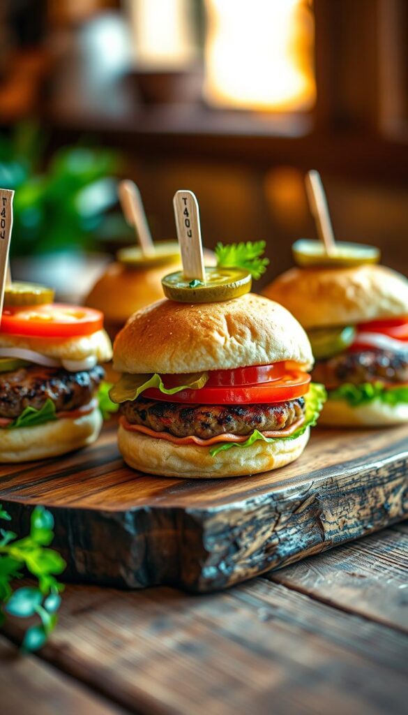 Delectable vegetarian ham sliders, arranged on a rustic wooden board. The plant-based patties, seared to perfection, nestled between soft, pillowy buns. An array of fresh toppings - crisp lettuce, ripe tomato slices, and tangy pickles - adorning the sliders, creating a visually appealing and mouthwatering display. Warm, natural lighting casts a cozy glow, heightening the inviting atmosphere. The scene is captured with a shallow depth of field, focusing the viewer's attention on the carefully assembled sliders, showcasing their tempting texture and flavors. Delectable vegetarian ham sliders, arranged on a rustic wooden board. The plant-based patties, seared to perfection, nestled between soft, pillowy buns. An array of fresh toppings - crisp lettuce, ripe tomato slices, and tangy pickles - adorning the sliders, creating a visually appealing and mouthwatering display. Warm, natural lighting casts a cozy glow, heightening the inviting atmosphere. The scene is captured with a shallow depth of field, focusing the viewer's attention on the carefully assembled sliders, showcasing their tempting texture and flavors.