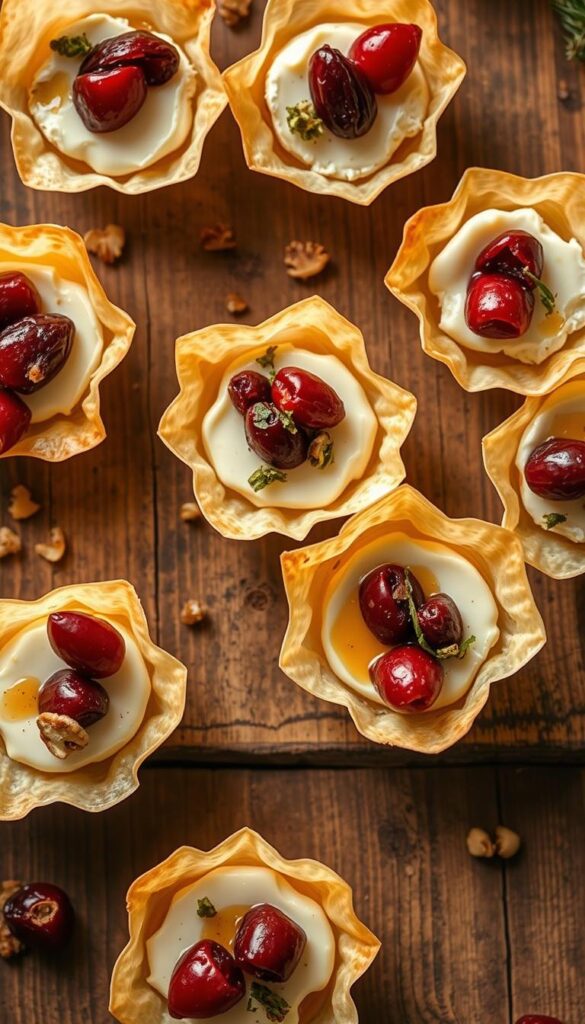Delicate phyllo pastry cups filled with creamy brie and tangy cranberries, arranged on a rustic wooden surface. The bites are presented in various creative variations - some with additional toppings like toasted nuts, dried herbs, or a drizzle of honey. Soft, warm lighting casts a cozy glow, highlighting the flaky texture and vibrant colors. An overhead camera angle captures the artful composition, inviting the viewer to imagine the irresistible flavors and textures. The scene exudes a sense of homemade sophistication, perfect for a holiday gathering or elegant appetizer spread.