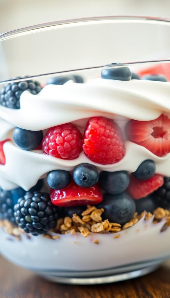 Detailed close-up shot of a layered Greek yogurt parfait in a clear glass bowl. In the foreground, luscious swirls of thick, creamy Greek yogurt, topped with juicy, ripe blackberries and blueberries. In the middle layer, a vibrant medley of fresh raspberries and sliced kiwi. The bottom layer features a scattering of crunchy granola clusters. The lighting is soft and diffused, creating a warm, appetizing atmosphere. The angle is slightly tilted to showcase the beautiful layering and textures of the parfait. The focus is sharp, ensuring every delectable detail is clearly visible. Detailed close-up shot of a layered Greek yogurt parfait in a clear glass bowl. In the foreground, luscious swirls of thick, creamy Greek yogurt, topped with juicy, ripe blackberries and blueberries. In the middle layer, a vibrant medley of fresh raspberries and sliced kiwi. The bottom layer features a scattering of crunchy granola clusters. The lighting is soft and diffused, creating a warm, appetizing atmosphere. The angle is slightly tilted to showcase the beautiful layering and textures of the parfait. The focus is sharp, ensuring every delectable detail is clearly visible.