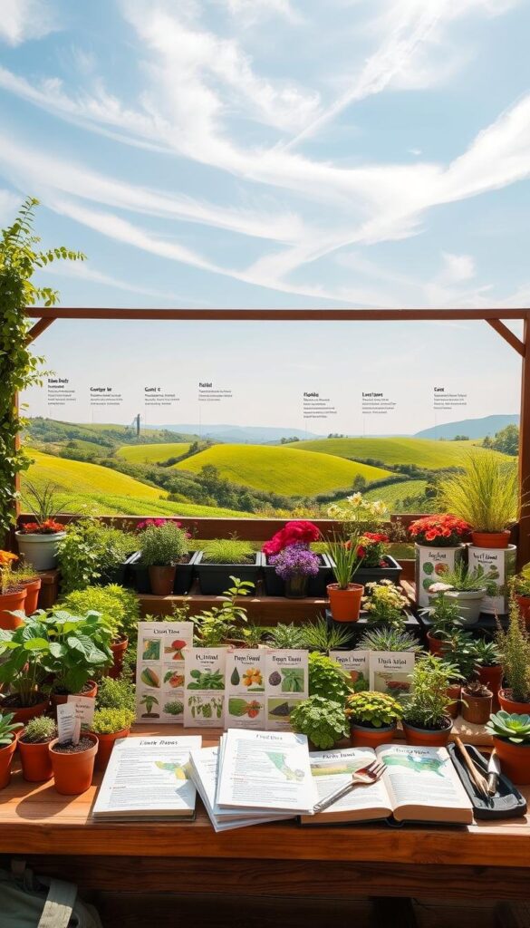 Detailed illustrated guide to gardening for beginners, showing various climate zones and suitable plant varieties. Foreground features a collection of potted plants, seed packets, and gardening tools arranged neatly on a wooden table. Middle ground depicts lush, verdant landscape with rolling hills and diverse flora, each section labeled with its corresponding climate zone. Background showcases a serene, sunlit outdoor setting with a clear sky and wispy clouds. Warm, earthy tones create a welcoming, educational atmosphere. Soft, natural lighting enhances the details of the plants and materials. Photographed from a slightly elevated angle to provide a comprehensive overview.