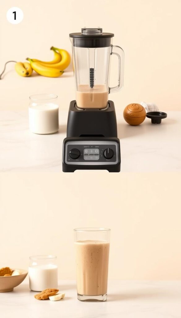 Detailed step-by-step illustration of easy banana and peanut butter smoothie preparation. Crisp, well-lit tabletop scene with blender, ingredients, and sequential actions. Smooth, minimalist background in soft, warm tones. Ripe bananas, creamy peanut butter, and dairy or non-dairy milk arranged neatly. First frame shows blender with lid open, second frame depicts pouring ingredients, third frame captures blending process, and final frame displays the finished, freshly blended smoothie in a glass. Clean, simple, and appetizing visual guide.