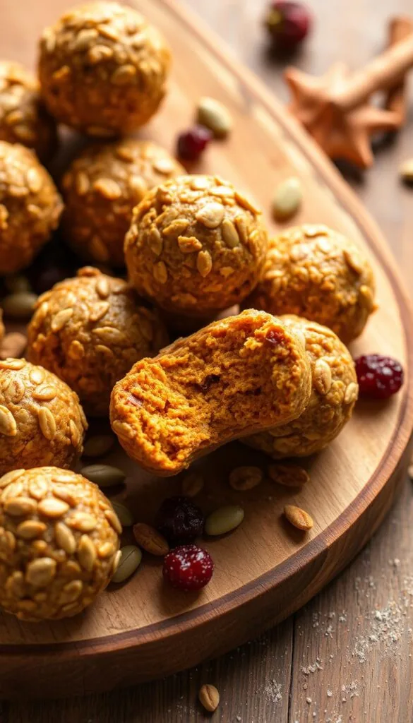 Freshly baked pumpkin pie energy bites, arranged artfully on a rustic wooden board. Warm autumn tones and soft natural lighting create an inviting, cozy atmosphere. The bites are nestled amidst a scattering of toasted pumpkin seeds, dried cranberries, and a light dusting of cinnamon. A single bite reveals the rich, creamy center complemented by the chewy, nutty exterior. The composition evokes the comforting flavors of pumpkin pie, perfect for serving as a healthy snack or dessert.