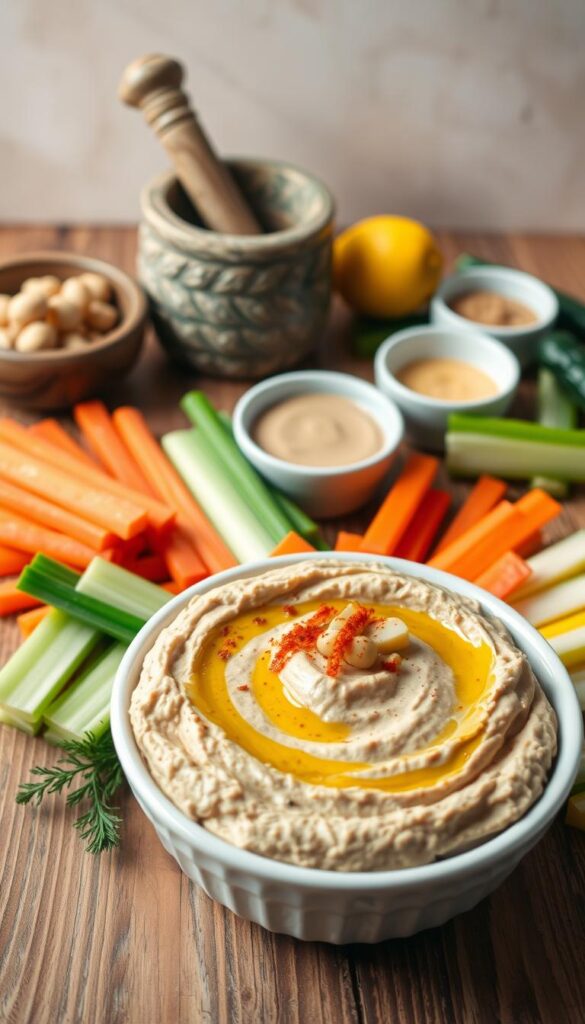 Freshly prepared classic hummus recipe on a rustic wooden table. In the foreground, a creamy, light brown hummus dip is served in a white ceramic bowl, garnished with a drizzle of olive oil, a sprinkle of paprika, and a few chickpeas. Surrounding the bowl are an array of vibrant vegetable sticks, such as carrot, celery, and cucumber, arranged in a visually appealing manner. The middle ground features a mortar and pestle, a lemon half, and a small bowl of tahini sauce. The background has a neutral, warm-toned color palette, creating a cozy, homemade atmosphere. The lighting is soft and natural, highlighting the textures and colors of the ingredients. The overall composition emphasizes the simplicity and freshness of the classic hummus recipe. Freshly prepared classic hummus recipe on a rustic wooden table. In the foreground, a creamy, light brown hummus dip is served in a white ceramic bowl, garnished with a drizzle of olive oil, a sprinkle of paprika, and a few chickpeas. Surrounding the bowl are an array of vibrant vegetable sticks, such as carrot, celery, and cucumber, arranged in a visually appealing manner. The middle ground features a mortar and pestle, a lemon half, and a small bowl of tahini sauce. The background has a neutral, warm-toned color palette, creating a cozy, homemade atmosphere. The lighting is soft and natural, highlighting the textures and colors of the ingredients. The overall composition emphasizes the simplicity and freshness of the classic hummus recipe.