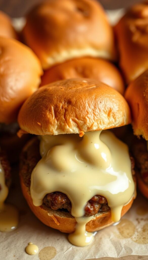 Gourmet sliders with a generous dollop of rich, creamy butter sauce topping. The buns are lightly toasted, their golden-brown hues complementing the juicy, perfectly-seasoned patties. The butter sauce glistens under soft, warm lighting, creating an inviting and mouthwatering scene. The camera angles capture the sliders in a close-up, emphasizing the delectable details - the melted cheese, the delicate balance of flavors, and the irresistible texture of the butter-coated buns. The overall mood is one of culinary sophistication and indulgence, drawing the viewer in and leaving them eager to recreate this delectable dish. Gourmet sliders with a generous dollop of rich, creamy butter sauce topping. The buns are lightly toasted, their golden-brown hues complementing the juicy, perfectly-seasoned patties. The butter sauce glistens under soft, warm lighting, creating an inviting and mouthwatering scene. The camera angles capture the sliders in a close-up, emphasizing the delectable details - the melted cheese, the delicate balance of flavors, and the irresistible texture of the butter-coated buns. The overall mood is one of culinary sophistication and indulgence, drawing the viewer in and leaving them eager to recreate this delectable dish.
