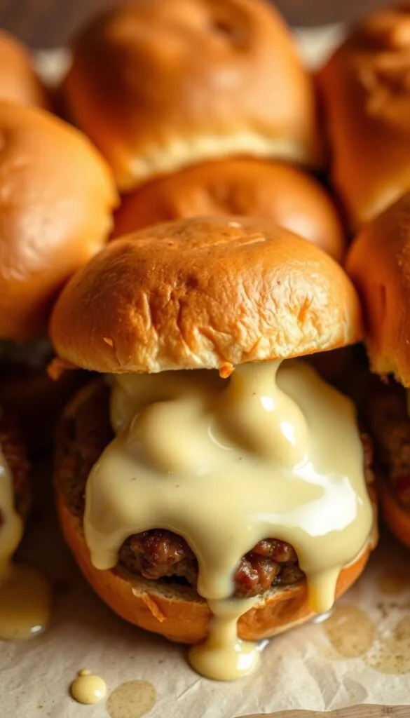 Gourmet sliders with a generous dollop of rich, creamy butter sauce topping. The buns are lightly toasted, their golden-brown hues complementing the juicy, perfectly-seasoned patties. The butter sauce glistens under soft, warm lighting, creating an inviting and mouthwatering scene. The camera angles capture the sliders in a close-up, emphasizing the delectable details - the melted cheese, the delicate balance of flavors, and the irresistible texture of the butter-coated buns. The overall mood is one of culinary sophistication and indulgence, drawing the viewer in and leaving them eager to recreate this delectable dish.