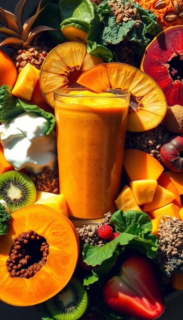 Lush tropical smoothie variations swirling with vibrant colors and textures. A dynamic arrangement of ripe mango, papaya, pineapple, and kiwi slices, accented by creamy coconut milk, tangy Greek yogurt, and rich peanut or almond butter. Leafy spinach and kale add a verdant pop, while chia seeds, flaxseeds, and protein powder lend a nutrient-dense boost. Backlighting casts a warm, golden glow, casting shadows that create depth and dimension. The scene is shot at a slight angle, drawing the eye to the center of the frame where the smoothie blends seamlessly with the ingredients. An appetizing, refreshing, and visually striking display of smoothie customization possibilities.