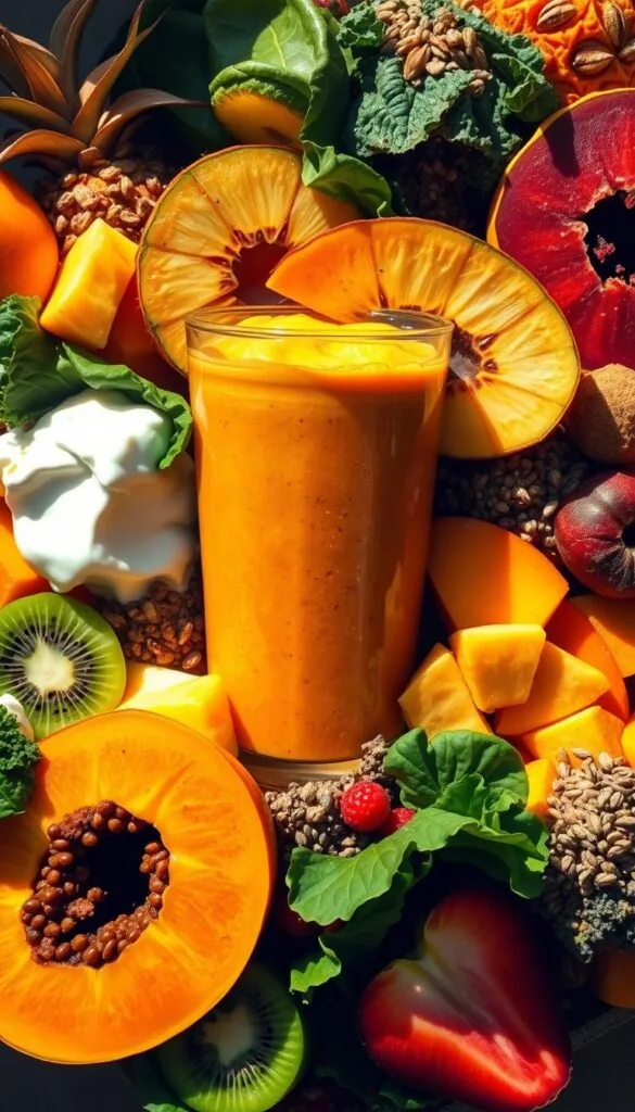 Lush tropical smoothie variations swirling with vibrant colors and textures. A dynamic arrangement of ripe mango, papaya, pineapple, and kiwi slices, accented by creamy coconut milk, tangy Greek yogurt, and rich peanut or almond butter. Leafy spinach and kale add a verdant pop, while chia seeds, flaxseeds, and protein powder lend a nutrient-dense boost. Backlighting casts a warm, golden glow, casting shadows that create depth and dimension. The scene is shot at a slight angle, drawing the eye to the center of the frame where the smoothie blends seamlessly with the ingredients. An appetizing, refreshing, and visually striking display of smoothie customization possibilities.