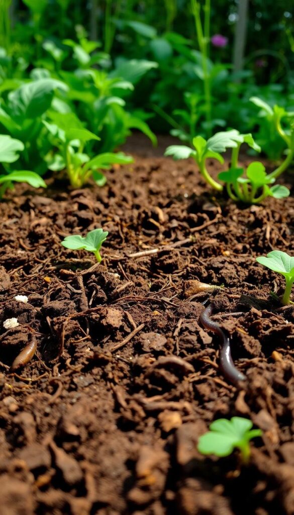 Lush, verdant garden with healthy, nutrient-rich soil in the foreground. Vibrant hues of green, brown, and earthy tones. Closeup view showcasing the intricate structure of the soil, with visible organic matter, worms, and other beneficial microorganisms. Soft, natural lighting illuminates the scene, highlighting the soil's texture and depth. Peaceful, serene atmosphere evoking a sense of harmony between nature and gardening. Subtle camera angle emphasizes the importance of nurturing the soil for a thriving, organic vegetable garden. Lush, verdant garden with healthy, nutrient-rich soil in the foreground. Vibrant hues of green, brown, and earthy tones. Closeup view showcasing the intricate structure of the soil, with visible organic matter, worms, and other beneficial microorganisms. Soft, natural lighting illuminates the scene, highlighting the soil's texture and depth. Peaceful, serene atmosphere evoking a sense of harmony between nature and gardening. Subtle camera angle emphasizes the importance of nurturing the soil for a thriving, organic vegetable garden.