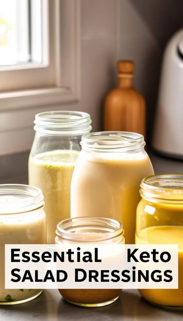 Neatly arranged glass jars filled with creamy, keto-friendly salad dressings in a well-lit kitchen scene. The dressings showcase a range of colors and textures, from vibrant green pesto to rich, smooth avocado oil. Soft natural lighting from a nearby window casts a warm glow, highlighting the texture of the glass and the contents within. The jars are set against a simple, neutral background, allowing the dressings to take center stage. The overall composition exudes a sense of wholesome, healthful indulgence, perfectly complementing the "Essential Keto Salad Dressings" theme.