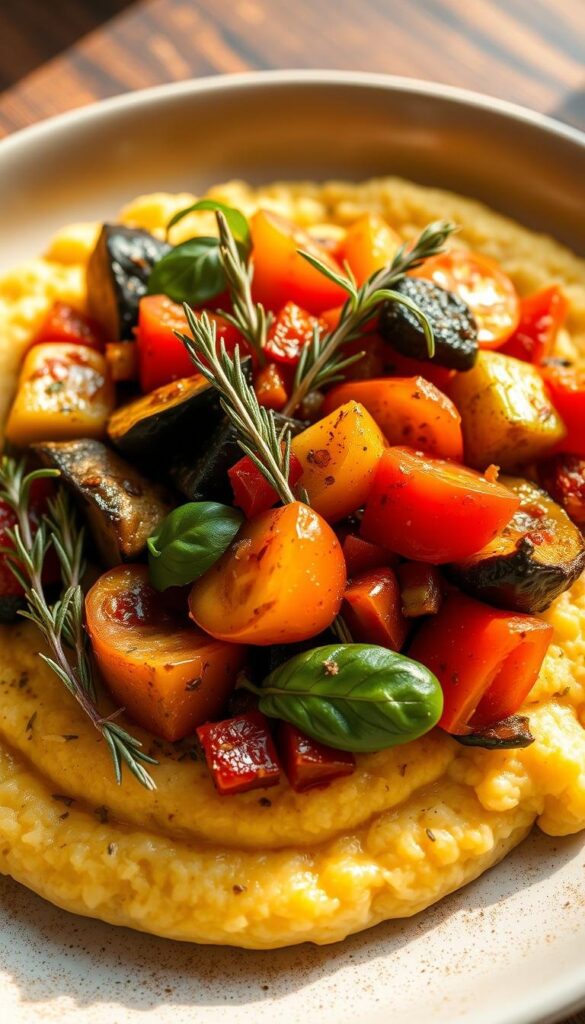 Plant-based ratatouille with herb-infused polenta Plant-based ratatouille with herb-infused polenta