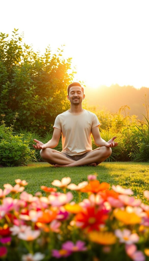 Serene morning landscape with a person sitting in lotus position, meditating amidst a lush garden. Warm, golden sunlight filters through the verdant foliage, casting a peaceful glow. In the foreground, a beautiful array of flowers blooms, their vibrant colors and delicate petals adding to the tranquil atmosphere. The meditator's expression is one of deep focus and inner calm, embodying the profound benefits of this mindful practice. A clean, minimalist background emphasizes the subject, drawing the viewer's attention to the transformative experience of morning meditation.